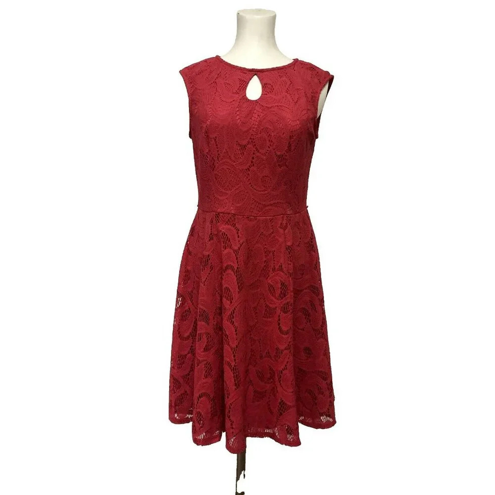 London Style Collection‎ Dress Womens 8 Dark Pink Lace Overlay Fit & Flare